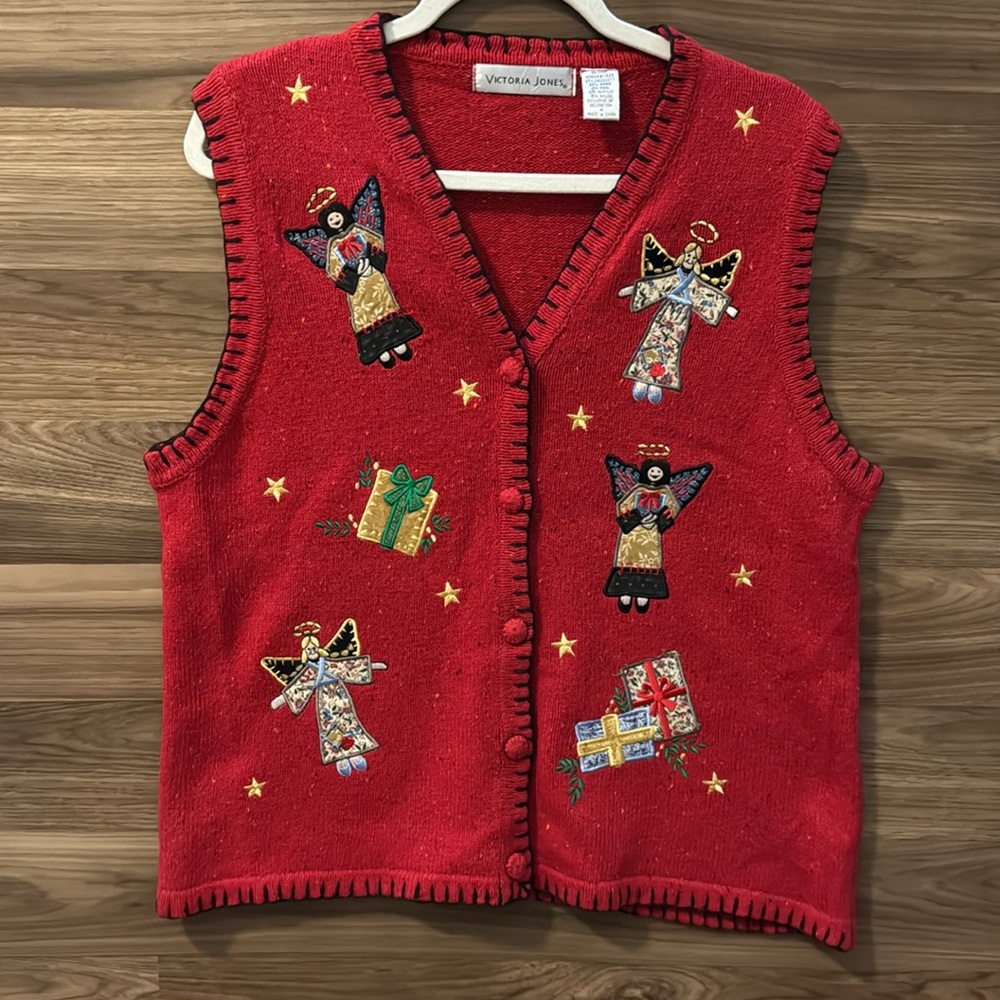 Victoria Jones Angel Christmas Knit Button Up Red Heathered Vest M